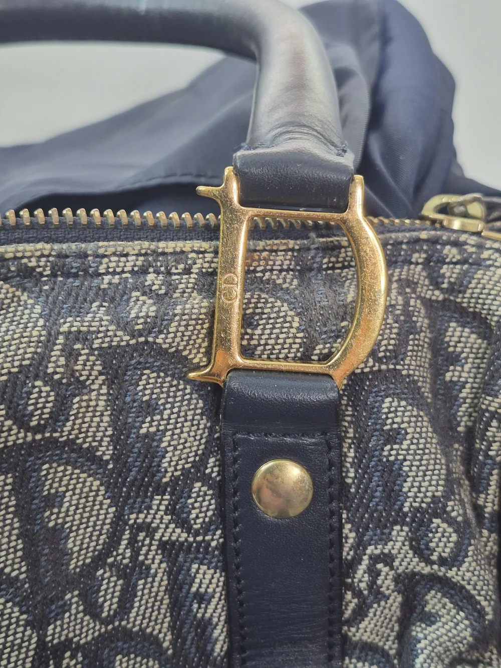 Dior Navy Monogram Canvas Satchel with Gold Hardware - Picture 9 of 13